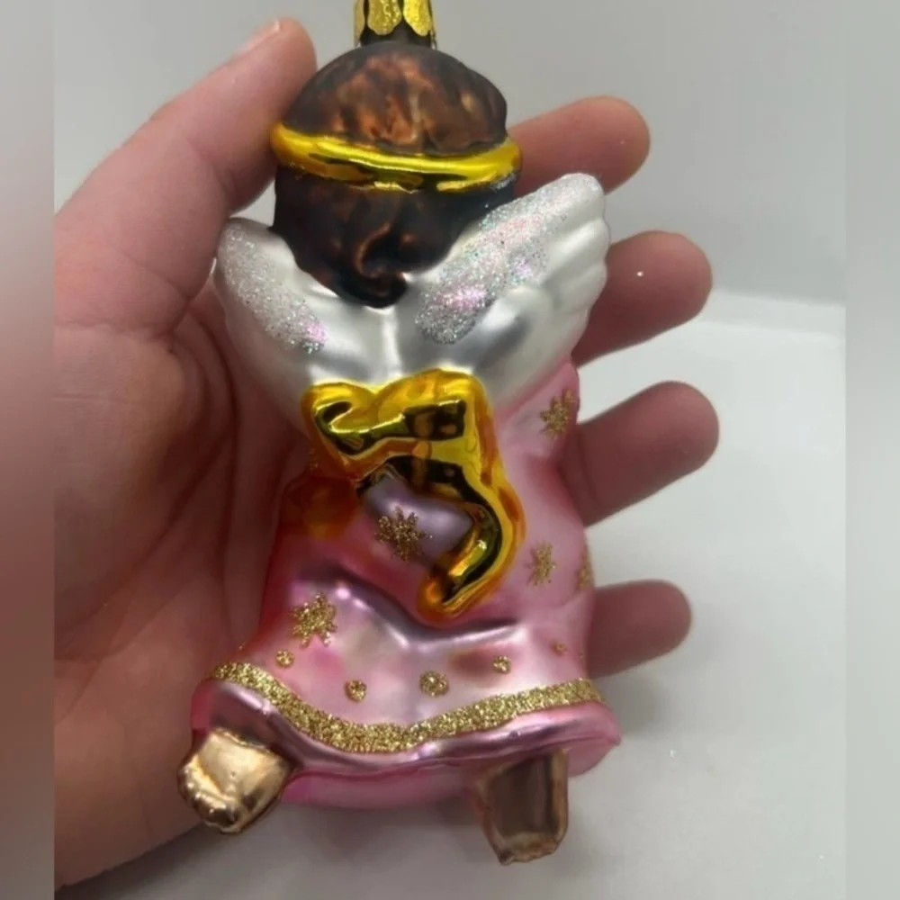 Set of 2 Vintage Blown Glass Ornaments Glitter Angel Radko Style Christmas Decor